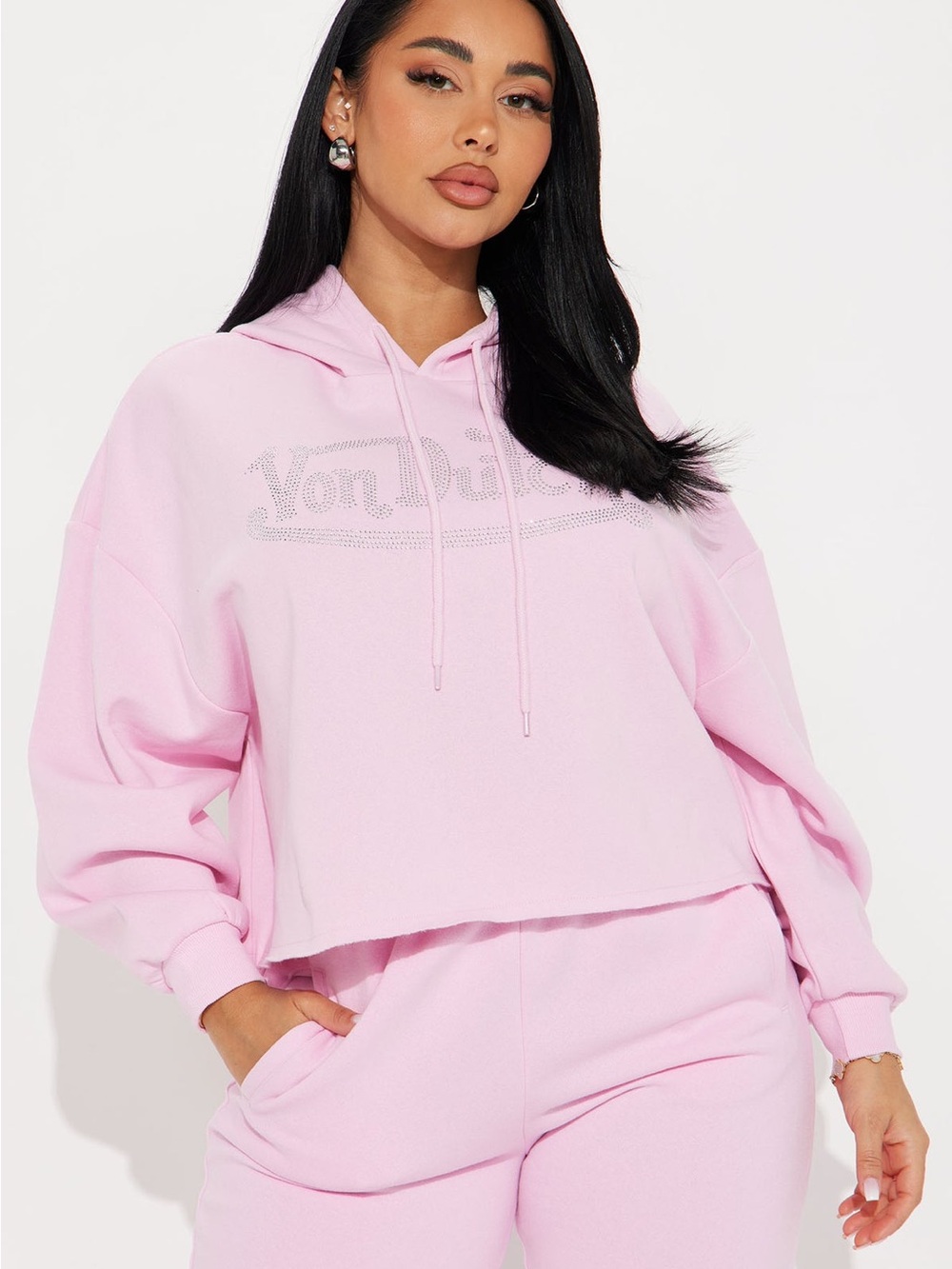 NWT Von Dutch Pink Rhinestone Logo Cropped Hoodie Y2K Barbiecore Size M